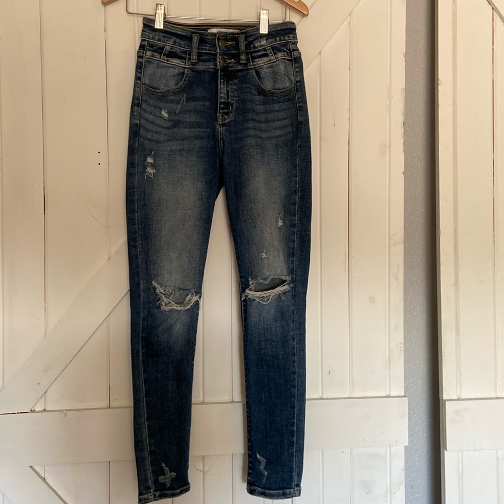Kancan Women’s Jeans Estilo High Rise 3/25 Dark Blue Distressed Skinny Stretch